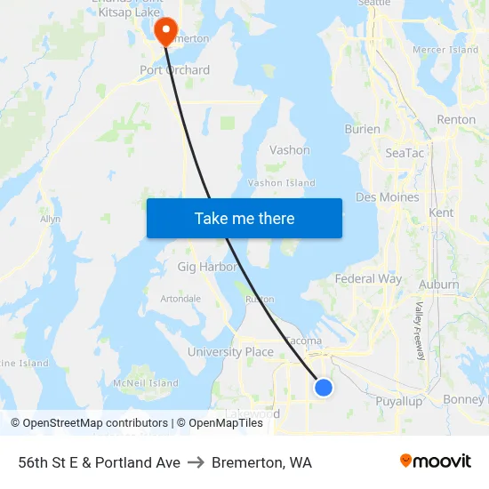 56th St E & Portland Ave to Bremerton, WA map