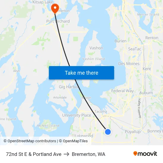72nd St E & Portland Ave to Bremerton, WA map