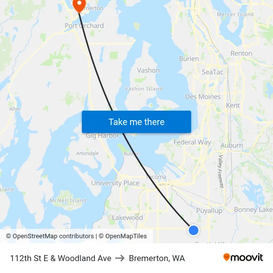 112th St E & Woodland Ave to Bremerton, WA map