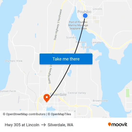 Hwy 305 at Lincoln to Silverdale, WA map