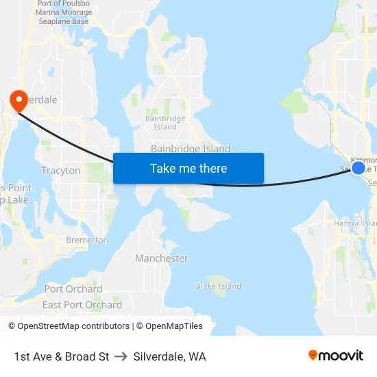 1st Ave & Broad St to Silverdale, WA map