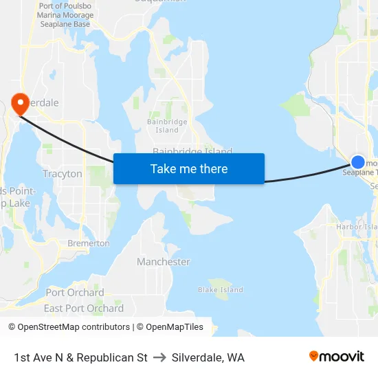 1st Ave N & Republican St to Silverdale, WA map