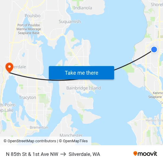 N 85th St & 1st Ave NW to Silverdale, WA map