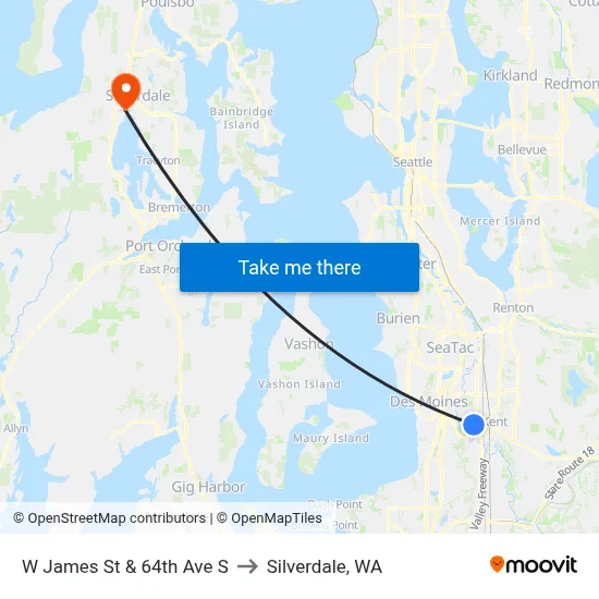 W James St & 64th Ave S to Silverdale, WA map