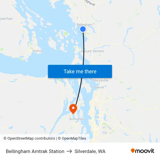 Bellingham Amtrak Station to Silverdale, WA map