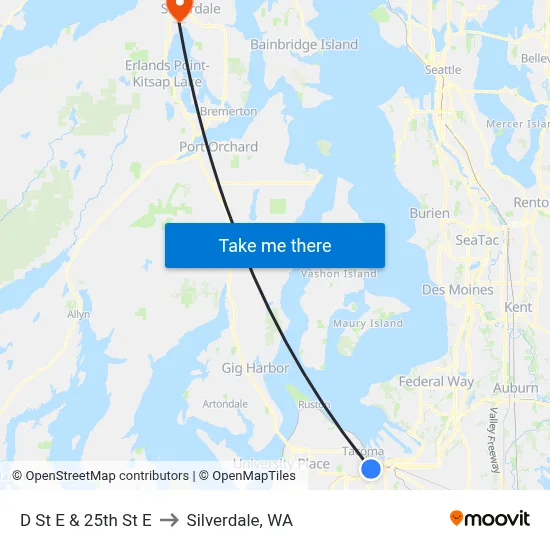 D St E & 25th St E to Silverdale, WA map