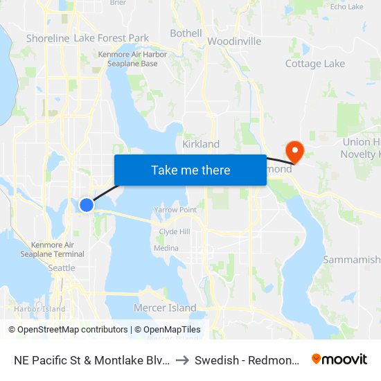 NE Pacific St & Montlake Blvd NE - Bay 1 to Swedish - Redmond Campus map