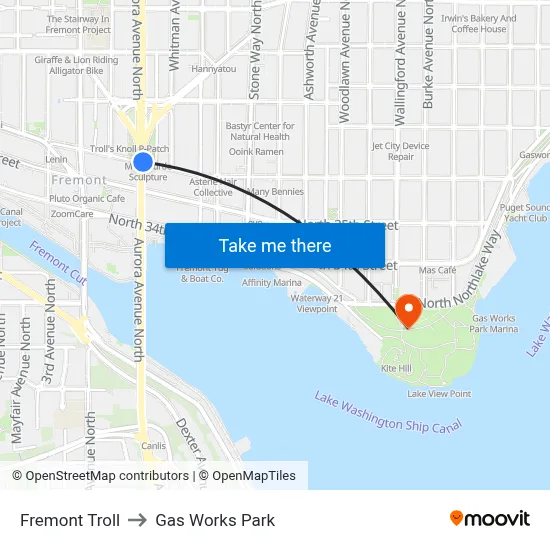Fremont Troll to Gas Works Park map