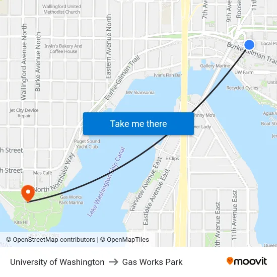 University of Washington to Gas Works Park map
