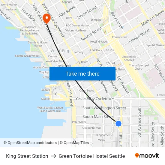 King Street Station to Green Tortoise Hostel Seattle map