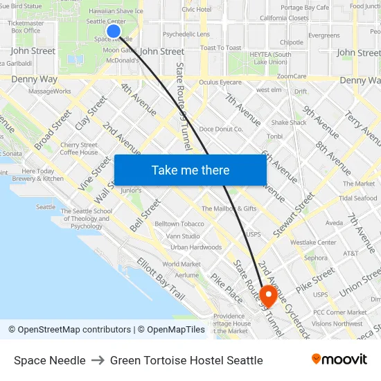 Space Needle to Green Tortoise Hostel Seattle map
