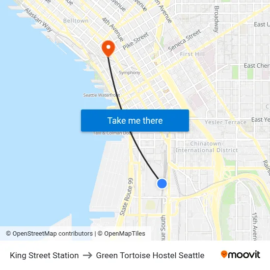 King Street Station to Green Tortoise Hostel Seattle map