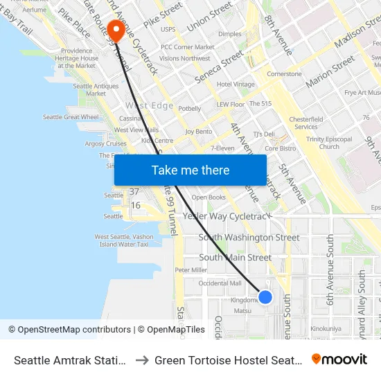 Seattle Amtrak Station to Green Tortoise Hostel Seattle map