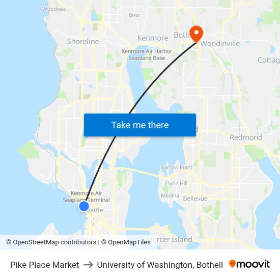 Pike Place Market to University of Washington, Bothell map
