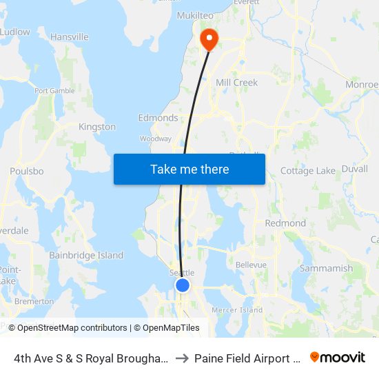 4th Ave S & S Royal Brougham Way to Paine Field Airport (PAE) map