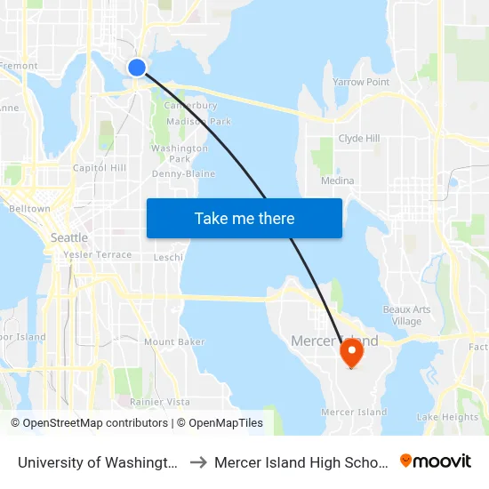 University of Washington Station to Mercer Island High School Stadium map