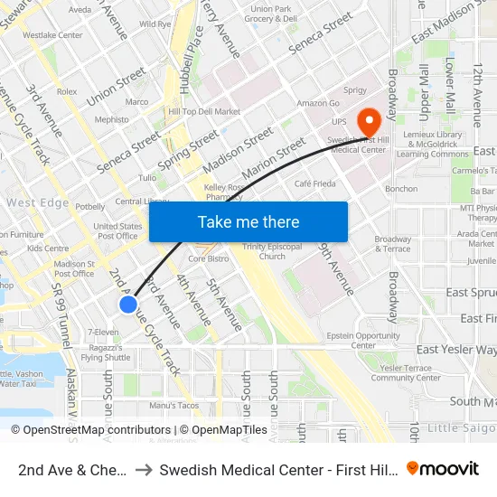 2nd Ave & Cherry St to Swedish Medical Center - First Hill Campus map
