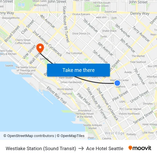 Westlake Station (Sound Transit) to Ace Hotel Seattle map