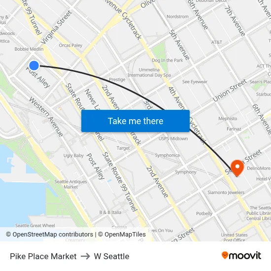 Pike Place Market to W Seattle map