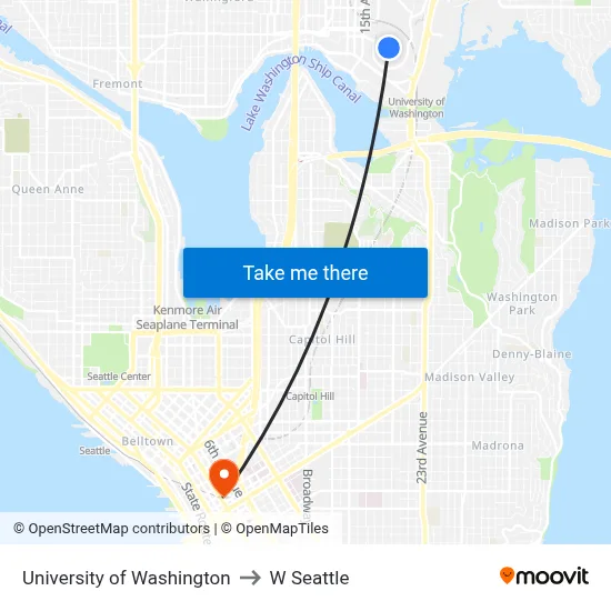 University of Washington to W Seattle map