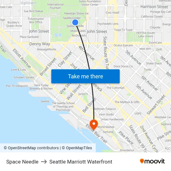 Space Needle to Seattle Marriott Waterfront map