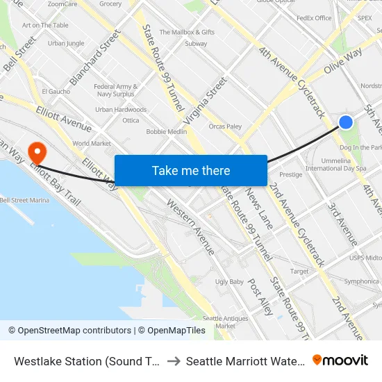 Westlake Station (Sound Transit) to Seattle Marriott Waterfront map