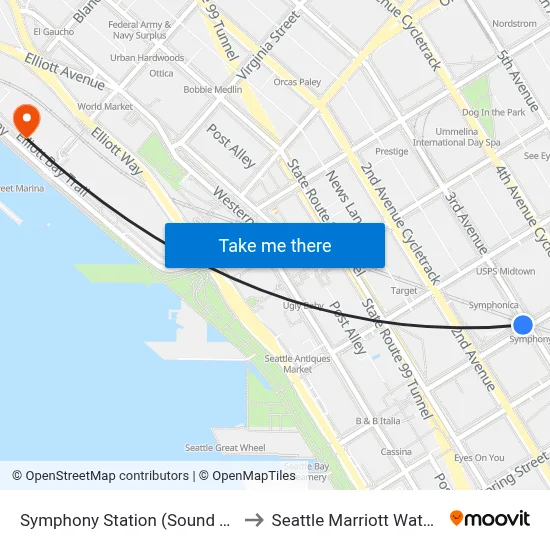 Symphony Station (Sound Transit) to Seattle Marriott Waterfront map