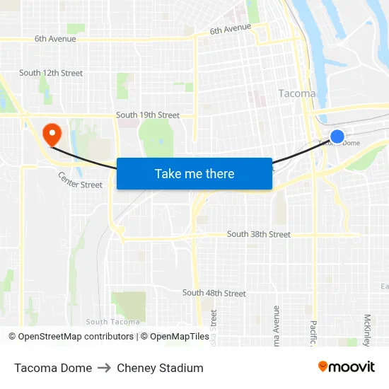 Tacoma Dome to Cheney Stadium map