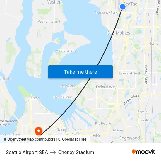 Seattle Airport SEA to Cheney Stadium map
