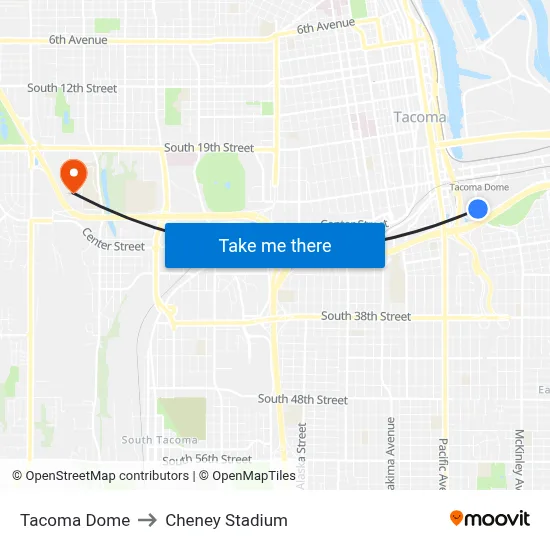 Tacoma Dome to Cheney Stadium map