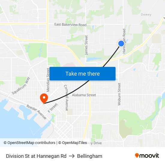 Division St at Hannegan Rd to Bellingham map