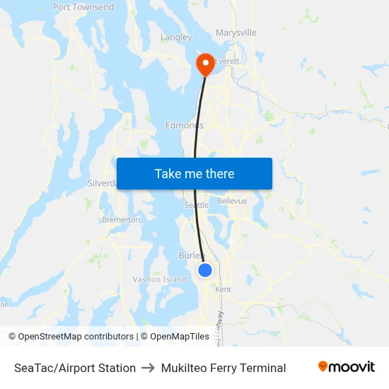 SeaTac/Airport Station to Mukilteo Ferry Terminal map