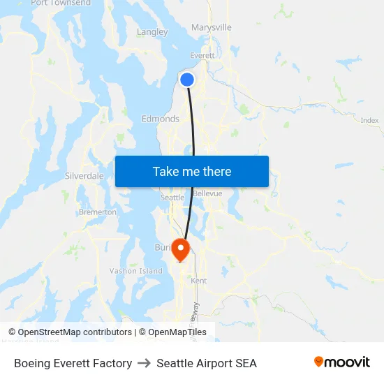 Boeing Everett Factory to Seattle Airport SEA map