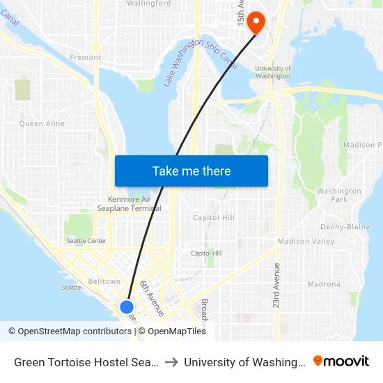 Green Tortoise Hostel Seattle to University of Washington map
