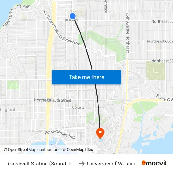 Roosevelt Station (Sound Transit) to University of Washington map