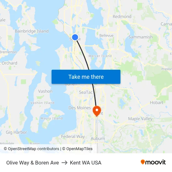 Olive Way & Boren Ave to Kent WA USA map