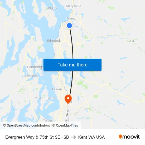 Evergreen Way & 75th St SE - SB to Kent WA USA map