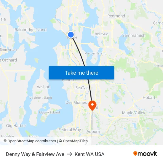 Denny Way & Fairview Ave to Kent WA USA map