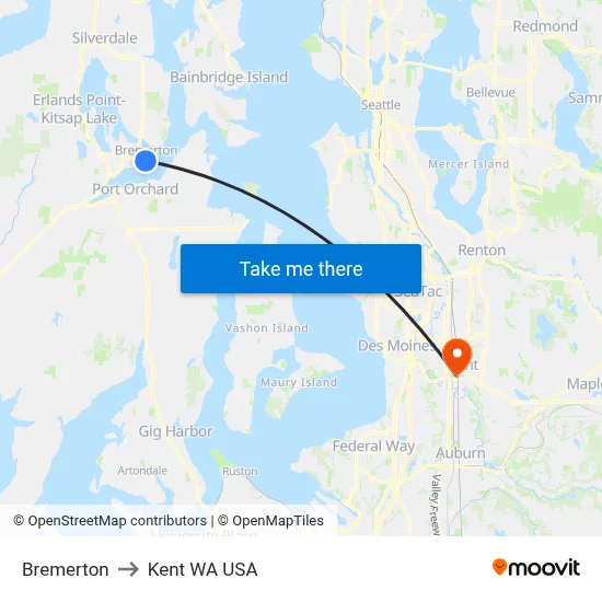 Bremerton to Kent WA USA map