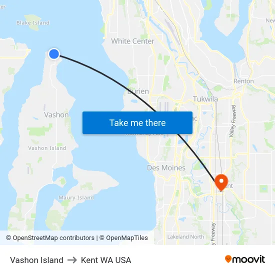 Vashon Island to Kent WA USA map