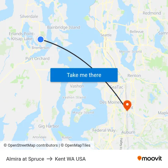 Almira at Spruce to Kent WA USA map