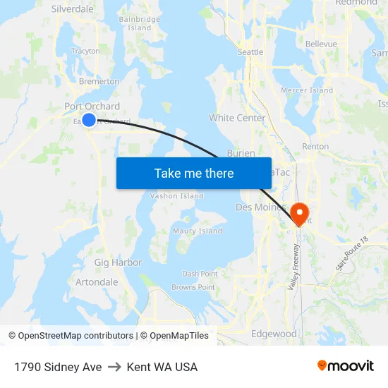 1790 Sidney Ave to Kent WA USA map