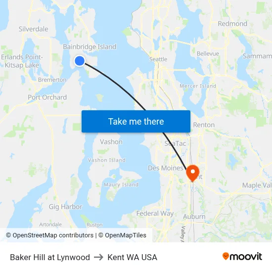 Baker Hill at Lynwood to Kent WA USA map