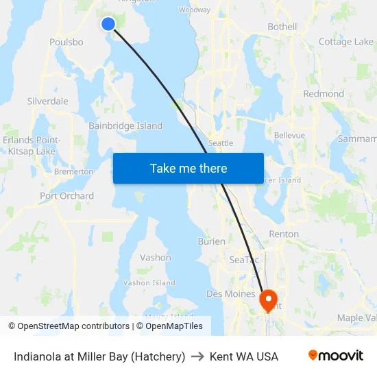Indianola at Miller Bay (Hatchery) to Kent WA USA map