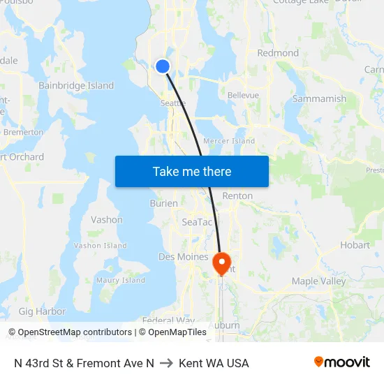 N 43rd St & Fremont Ave N to Kent WA USA map