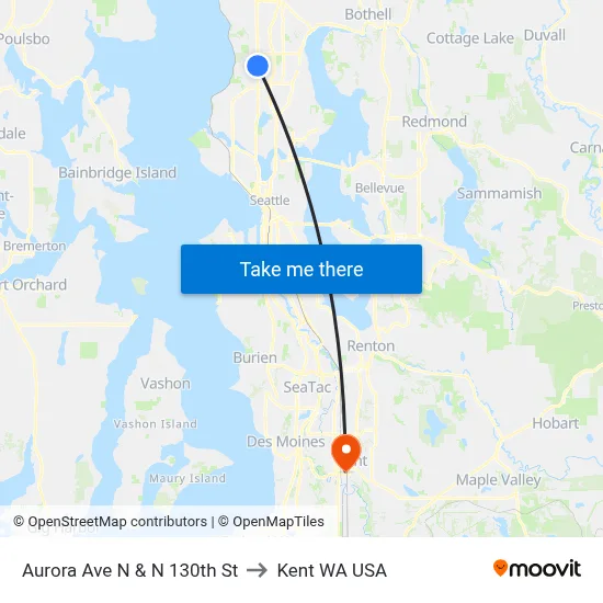 Aurora Ave N & N 130th St to Kent WA USA map
