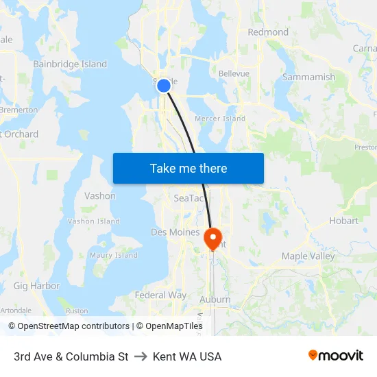 3rd Ave & Columbia St to Kent WA USA map