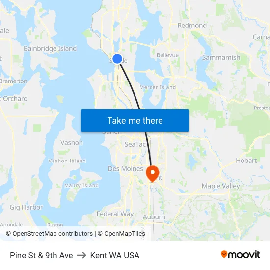 Pine St & 9th Ave to Kent WA USA map