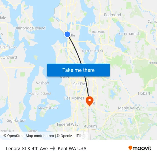 Lenora St & 4th Ave to Kent WA USA map