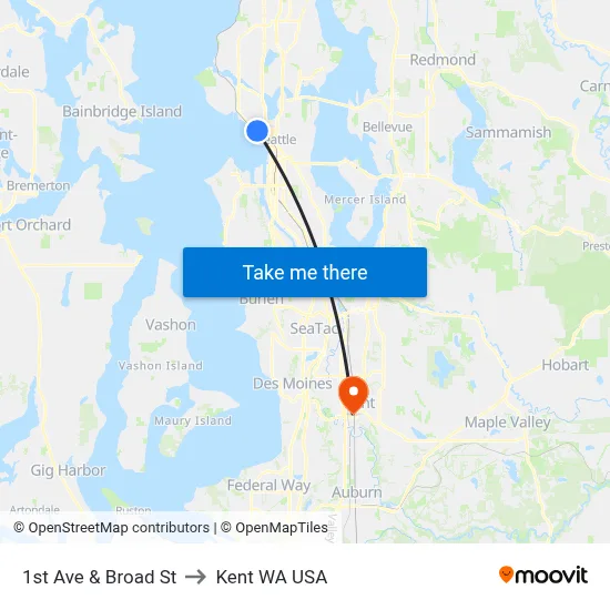 1st Ave & Broad St to Kent WA USA map